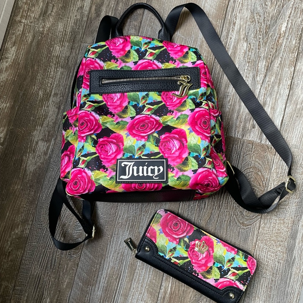 Juicy couture hot pink floral backpack with matching wallet